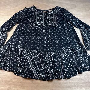 Style & Co Woman 1X Black Floral Boho Tunic Top Long Sleeve Back Keyhole